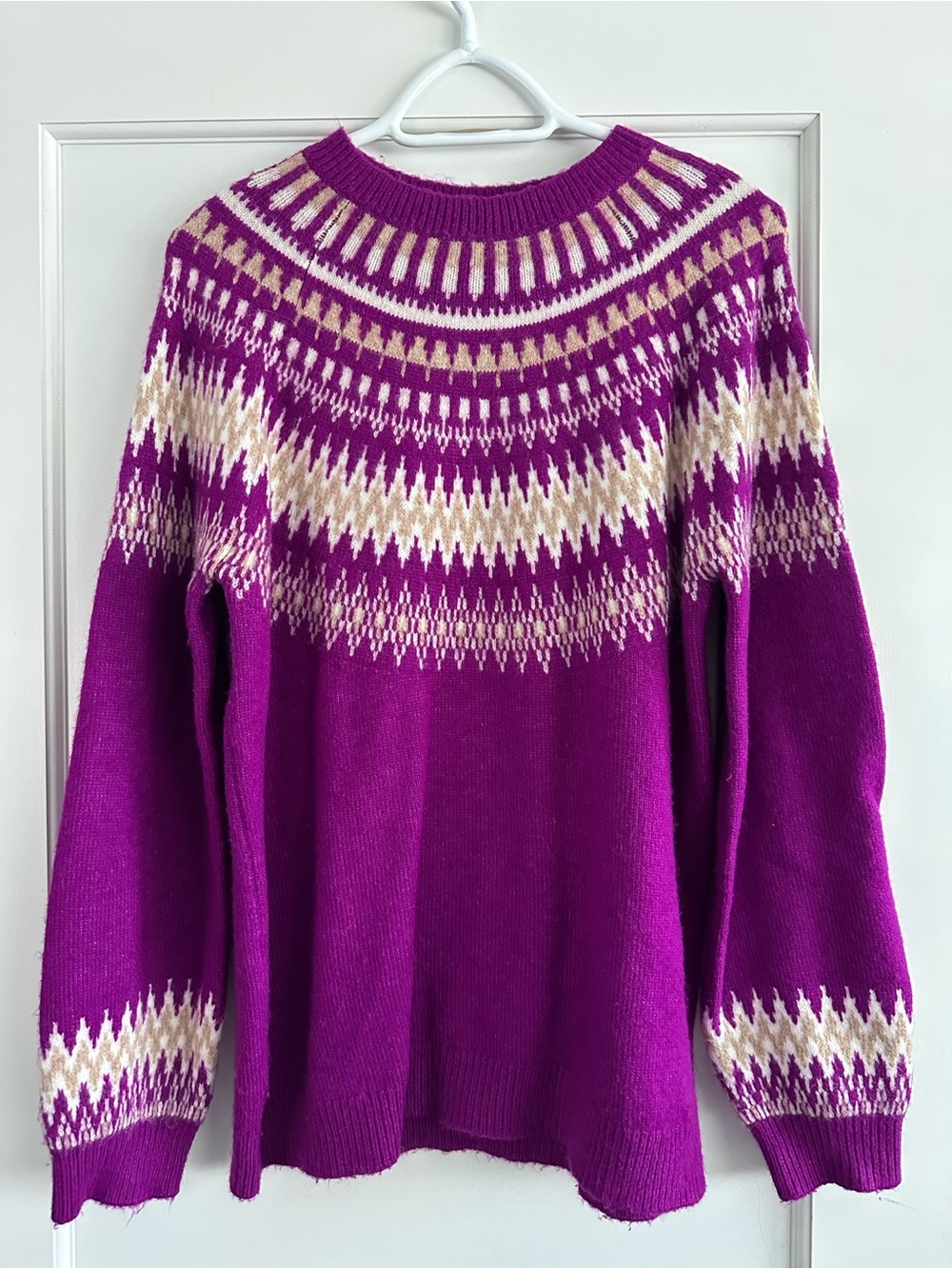 LOFT Fuchsia Fair Isle Crewneck Sweater with Cream Accents